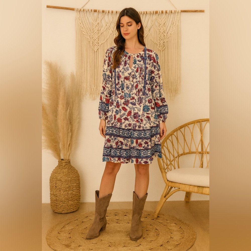 Penelope Rose Floral Paisley Mini‎ Dress Womens Large Blue Red Western Boho